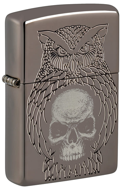 Front shot of Zippo Night Owl Design Armor Black Ice Windproof Lighter
standing at a 3/4 angle.

