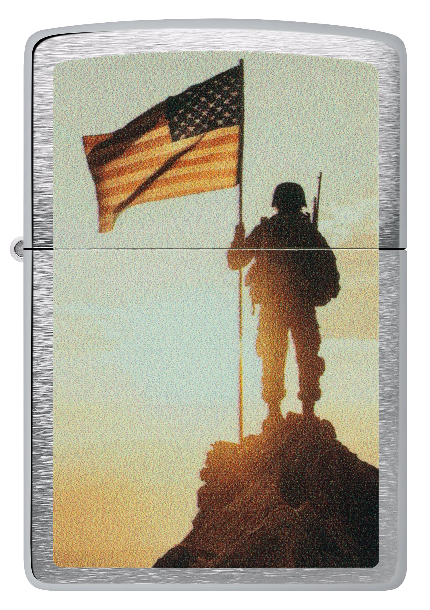 Front view of Zippo Soldier and Flag Design Brushed Chrome Windproof Lighter .