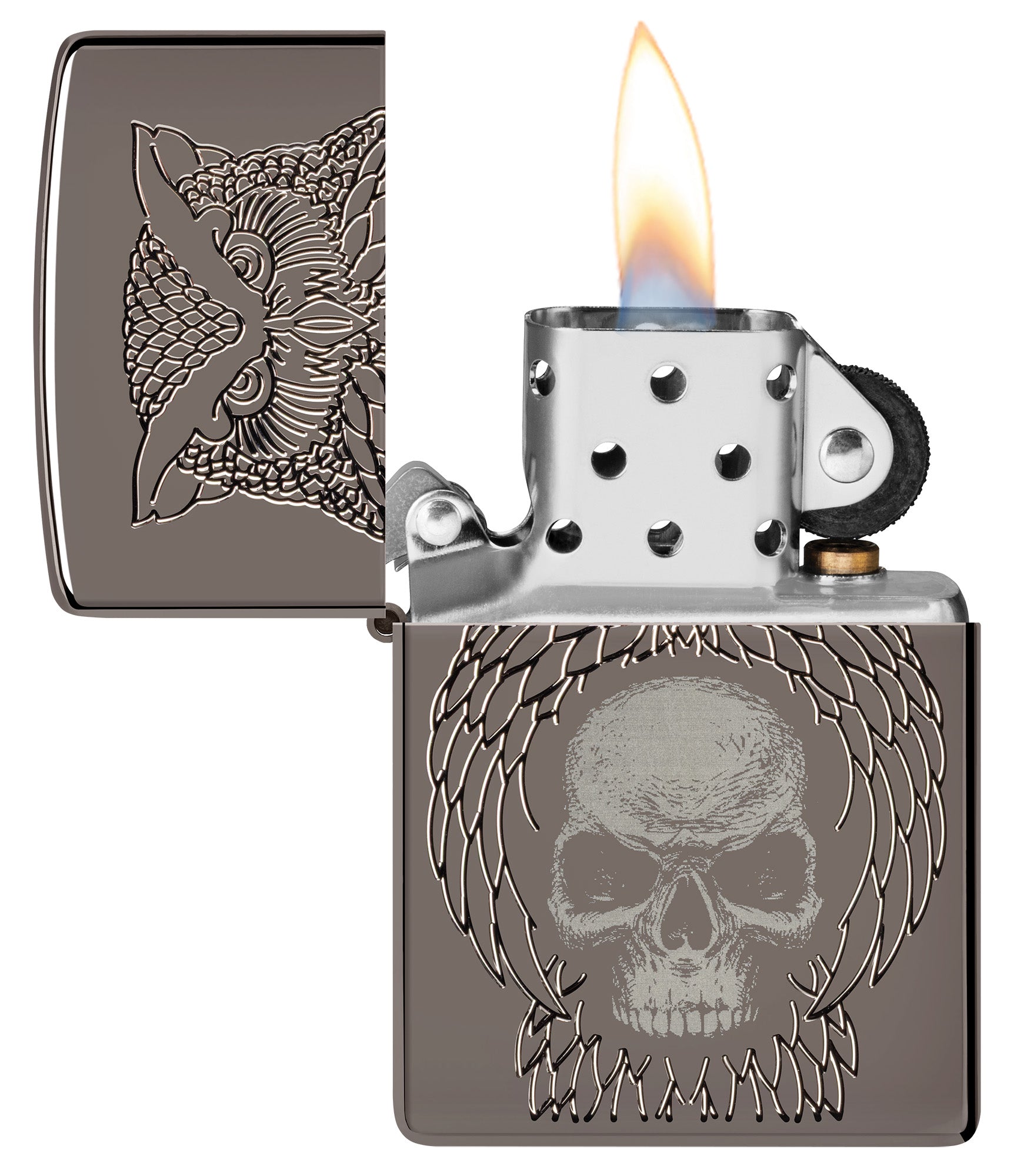Zippo Night Owl Design Armor Black Ice Windproof Lighter with its lid open and lit.
