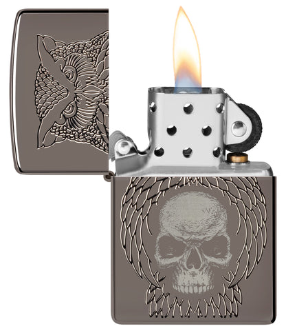 Zippo Night Owl Design Armor Black Ice Windproof Lighter with its lid open and lit.
