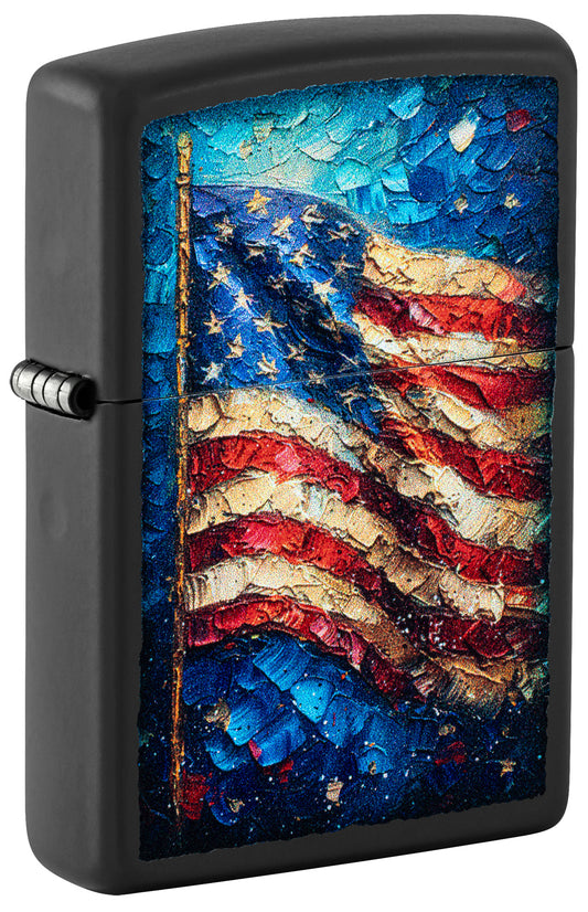 Front shot of Zippo Painted Flag Design Black Matte Windproof Lighter standing at a 3/4 angle.
