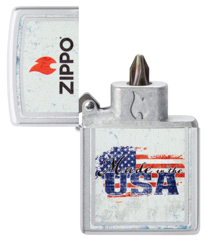 Made in the USA Design Windproof Lighter with its lid open and showing the Bit Safe Screwdriver USA. 