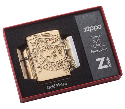 ArmorÂ® Asian Dragon 360-Degree Gold-Plate Windproof Lighter in its packaging