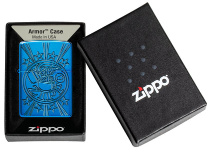 Zippo Starburst Design Armor® High Polish Blue Windproof Lighter in its packaging.