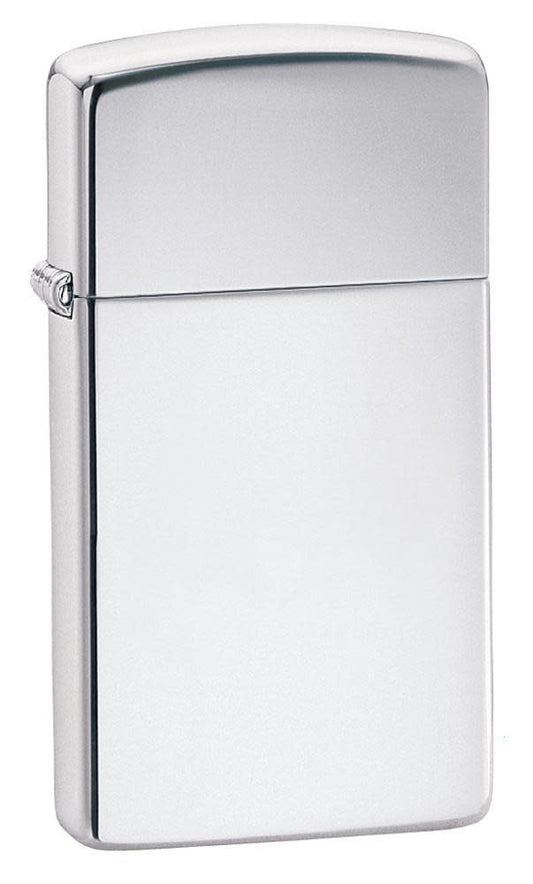 Front shot of Zippo SlimÂ® Armor High Polish Chrome Lighter standing at a 3/4 angle.