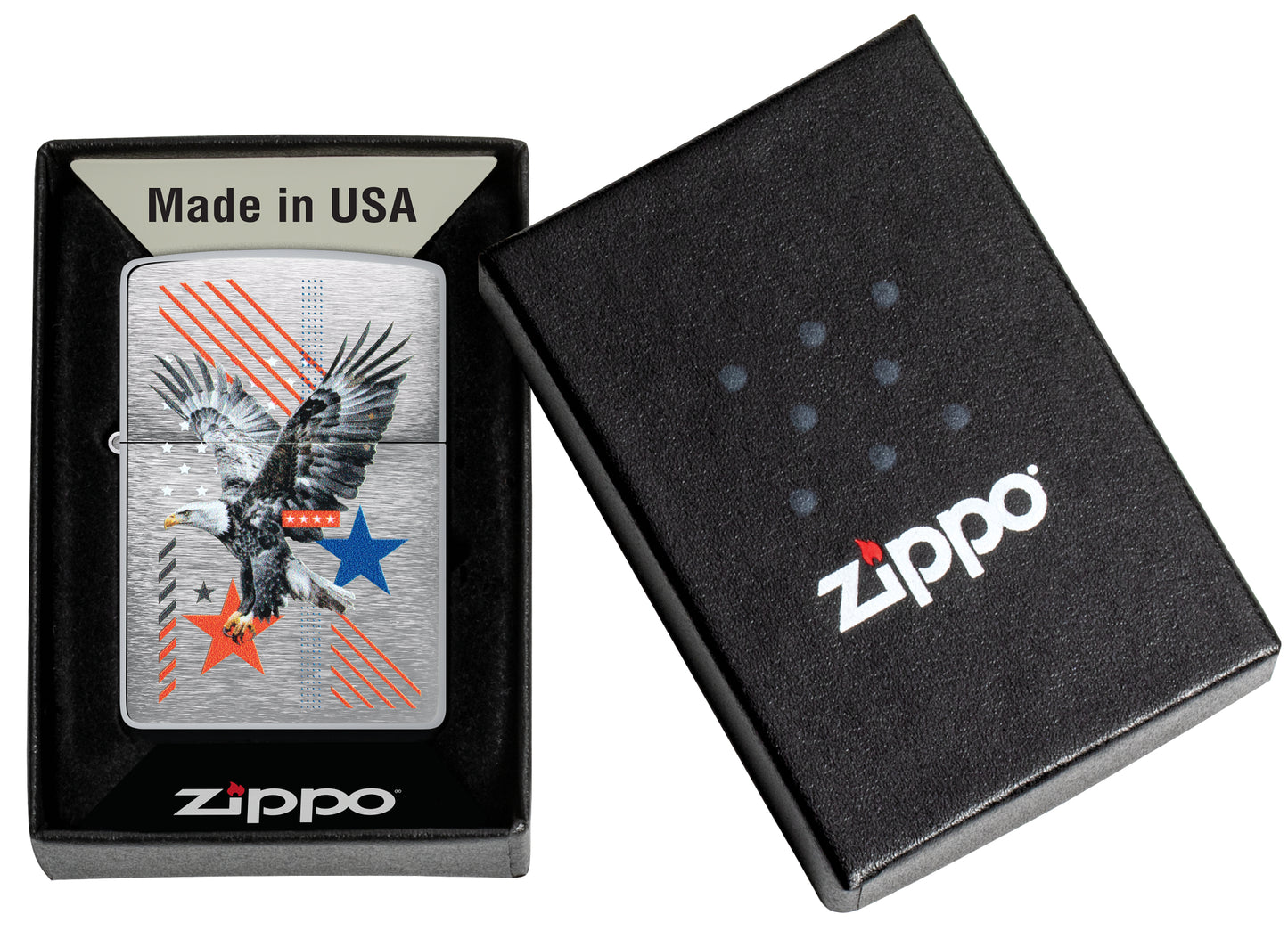 Zippo Abstract Americana Design Brushed Chrome Windproof Lighter in its packaging.