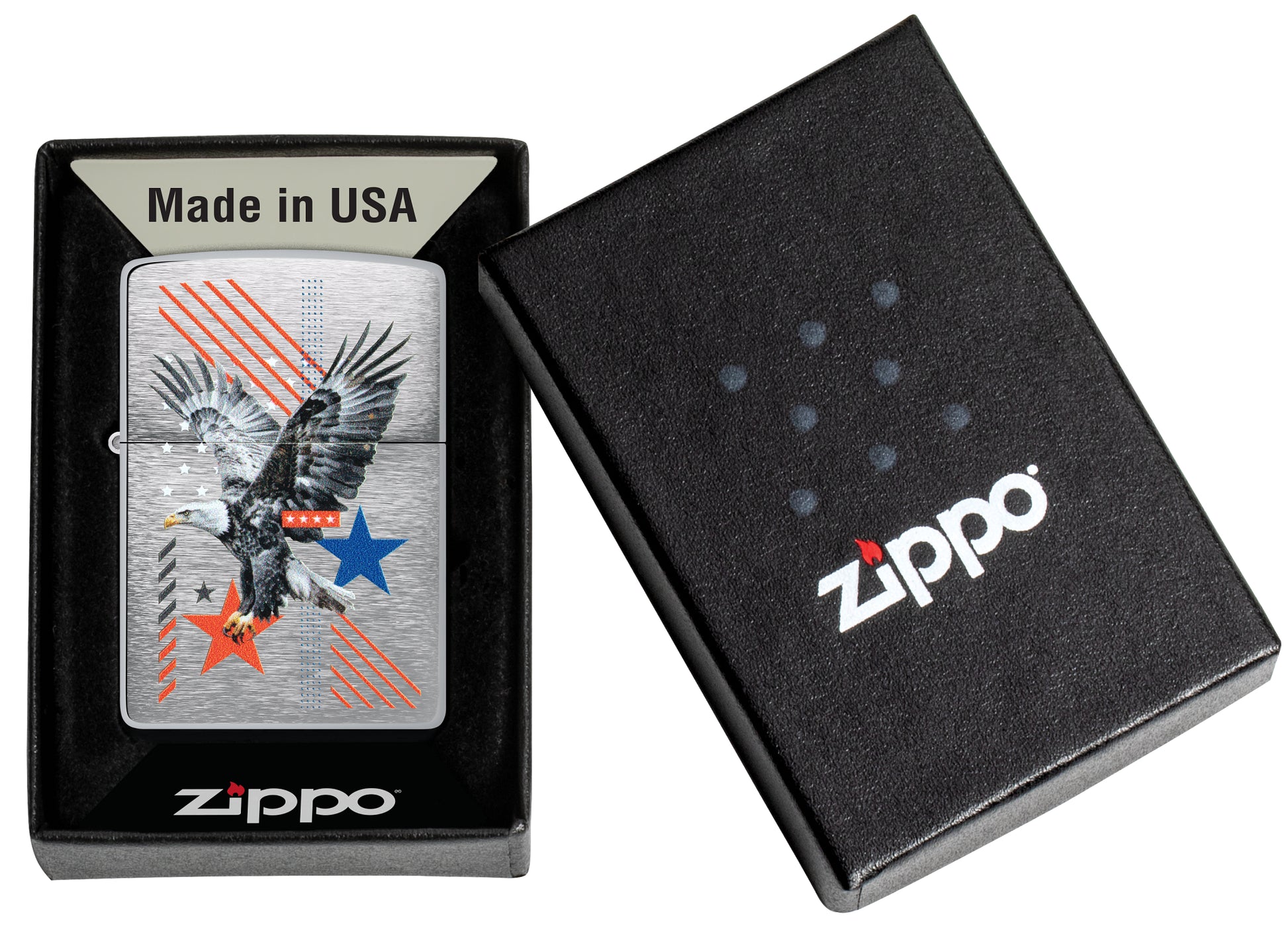Zippo Abstract Americana Design Brushed Chrome Windproof Lighter in its packaging.
