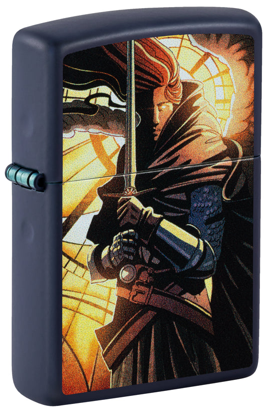 Front shot of Zippo Abstract Knight Design Navy Matte Windproof Lighter standing at a 3/4 angle.
