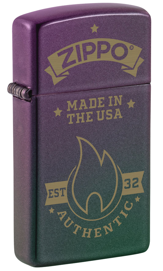 Front shot of Zippo Authentic Zippo Design Slim Iridescent Windproof Lighter standing at a 3/4 angle.