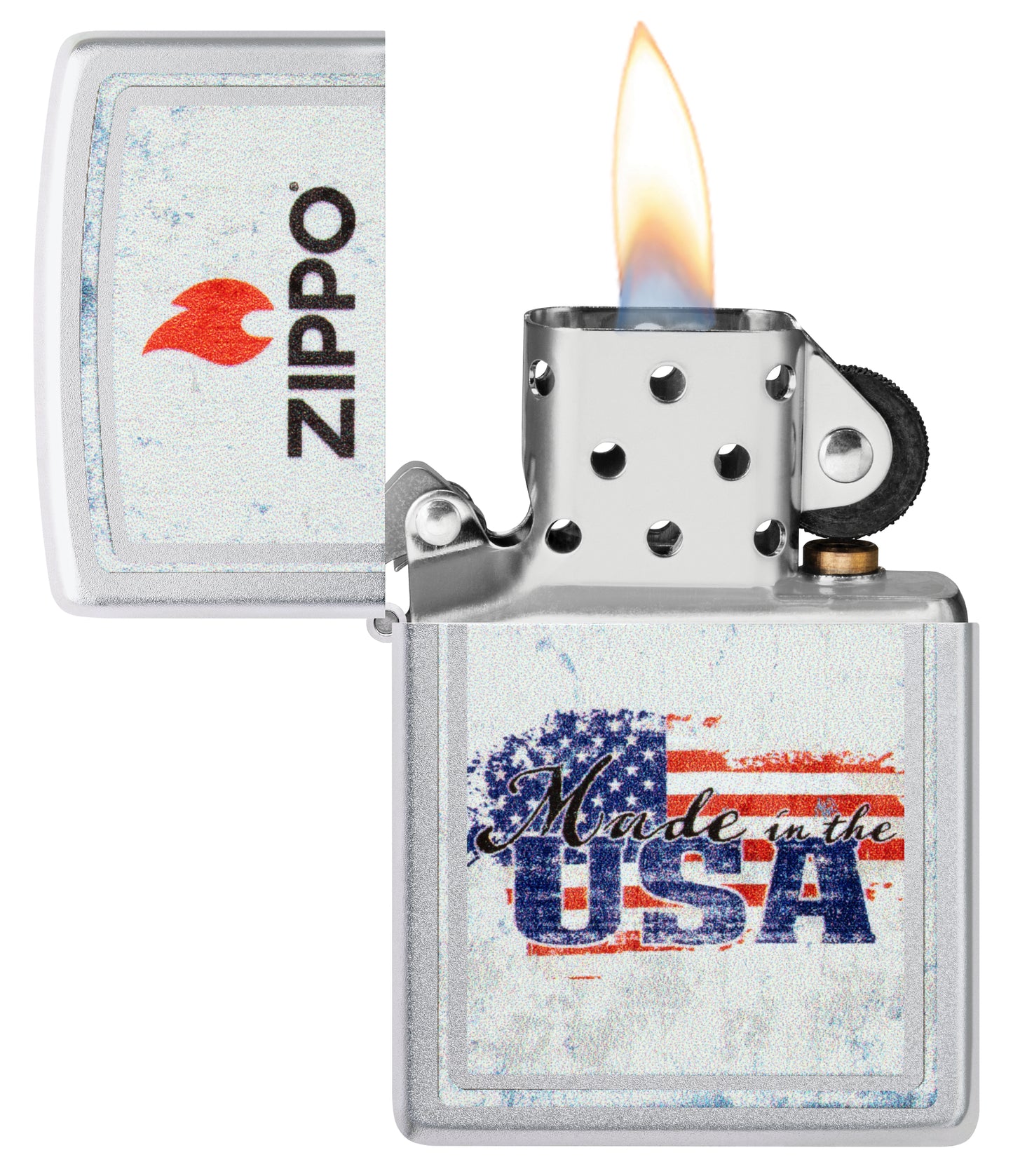 Zippo Made in the USA Design Satin Chrome Windproof Lighter with its lid open and lit.