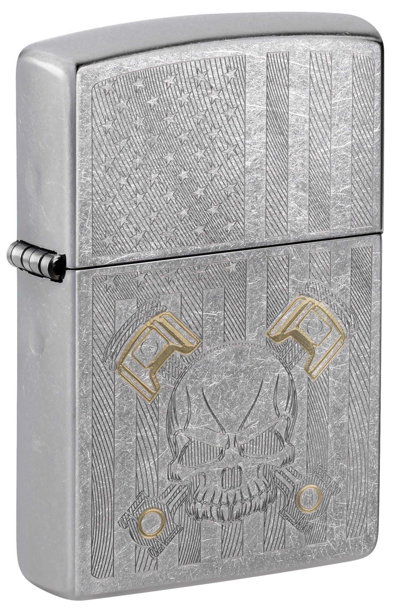 Front shot of Zippo American Skull Bit Safe Design Windproof Lighter standing at a 3/4 angle.