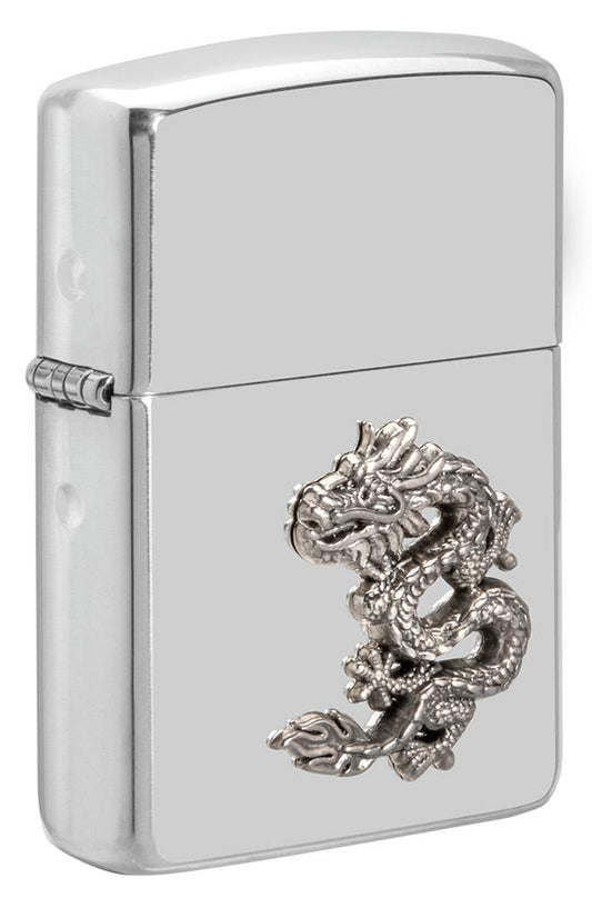 Front shot of ArmorÂ® Chinese Dragon Sterling Silver Emblem Windproof Lighter standing at a 3/4 angle