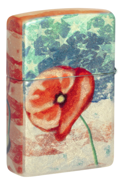 Back View of Zippo American Poppie Design 540 Fusion Windproof Lighter at 3/4 angle