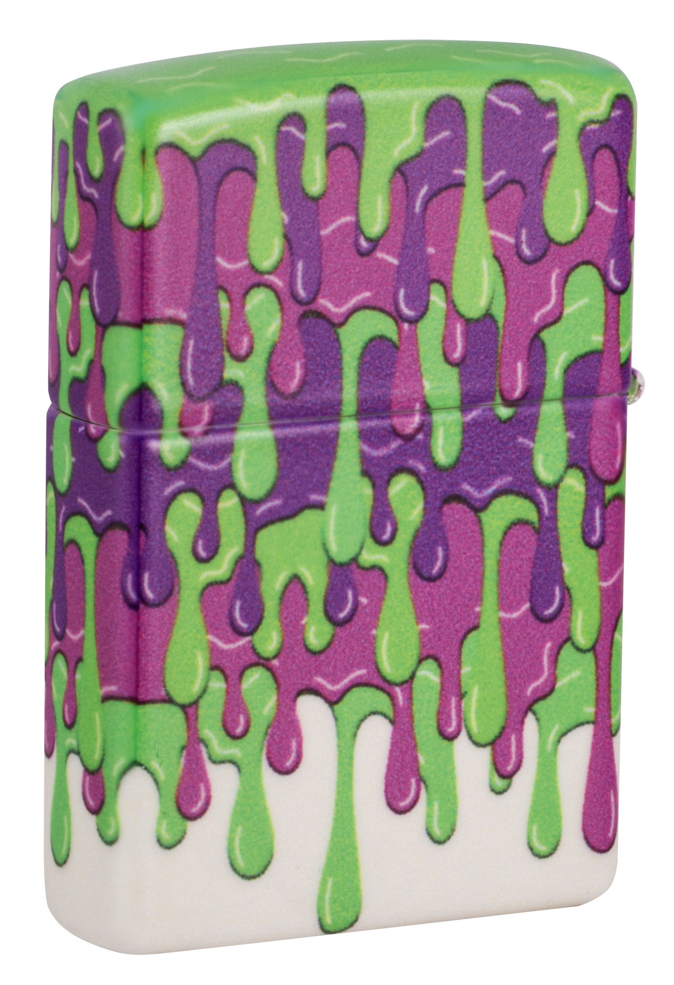 Back view of Zippo Glowing Slime Design Glow in the Dark Windproof Lighter standing at a 3/4 angle. 

