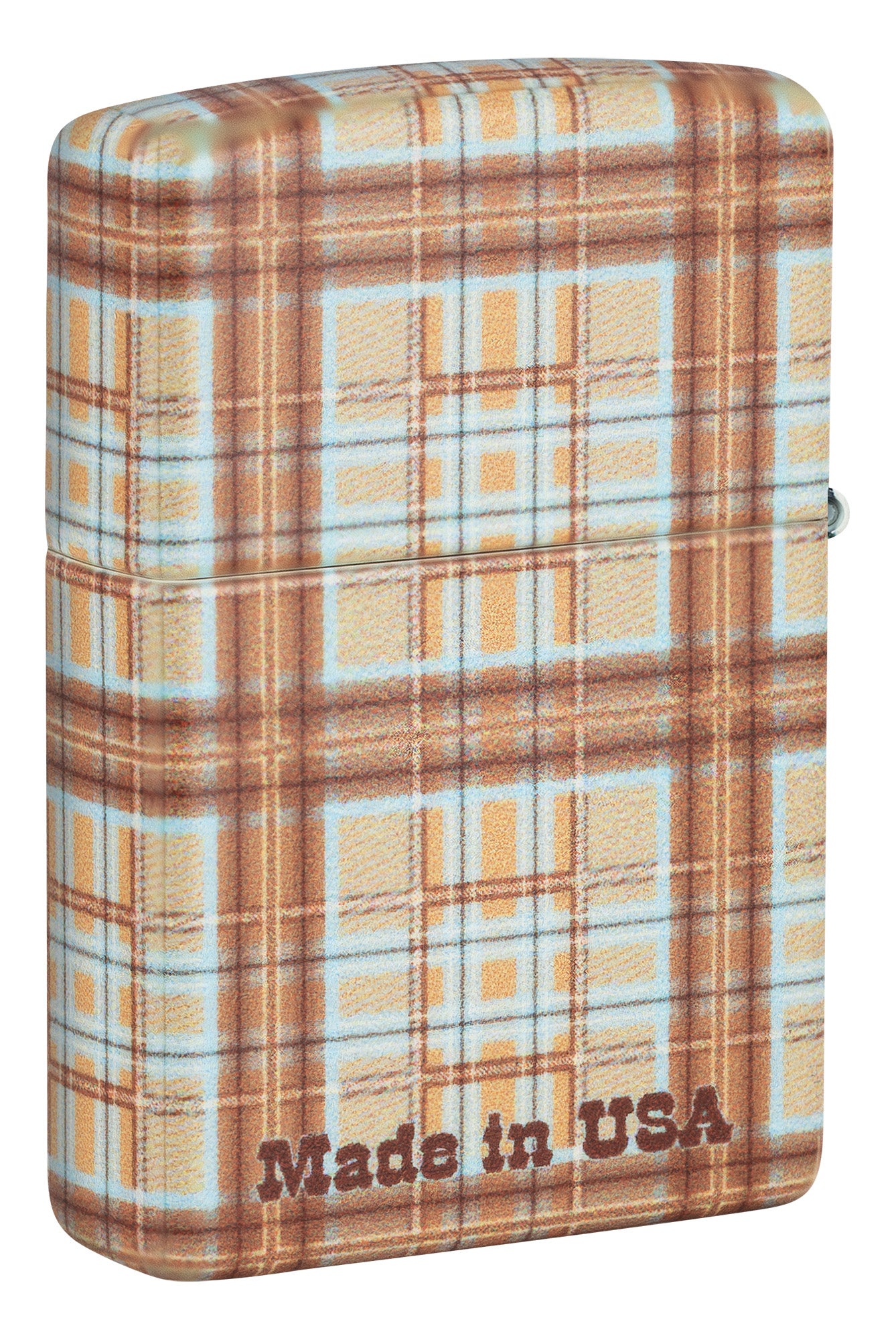 Back View of Zippo Brown Plaid Bit Safe Design Windproof Lighter 3/4 angle
