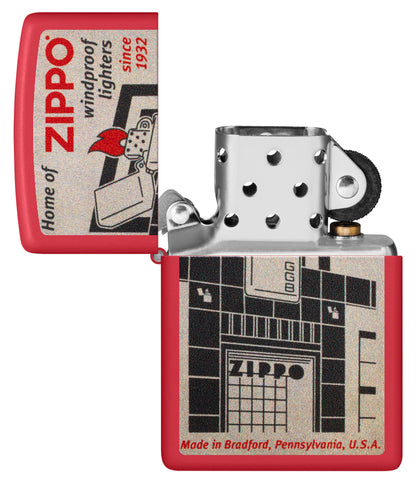 Zippo Blueprint Design Red Matte Windproof Lighter with its lid open and unlit.


