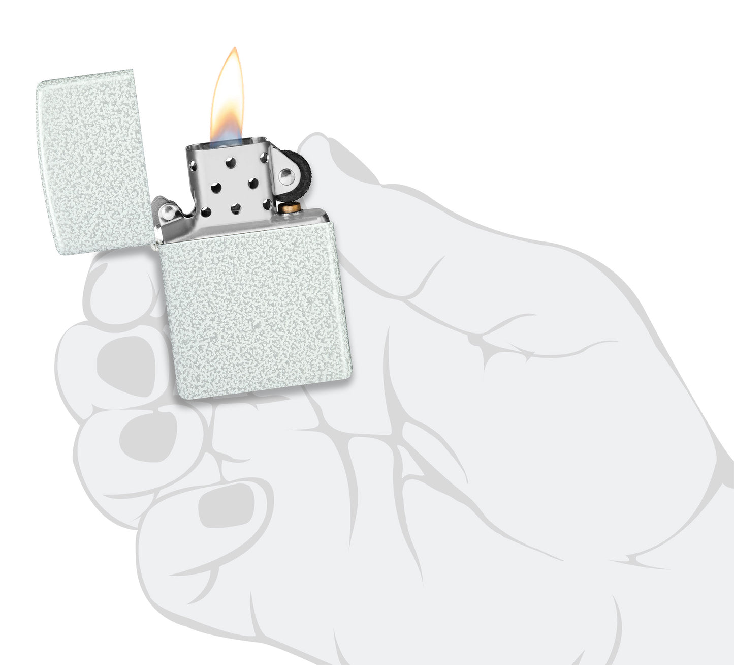 Zippo Classic Glacier Windproof Lighter lit in hand.