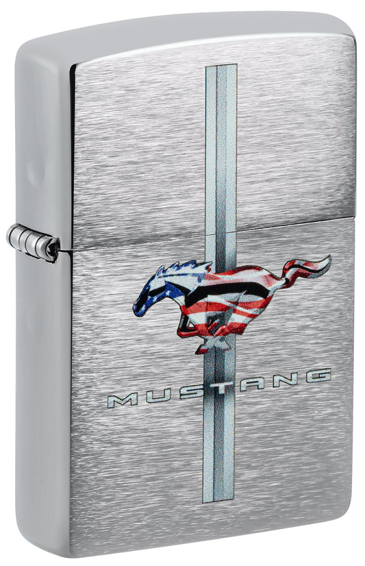 Front shot of Zippo Ford Mustang Design Brushed Chrome Windproof Lighter standing at a 3/4 angle.