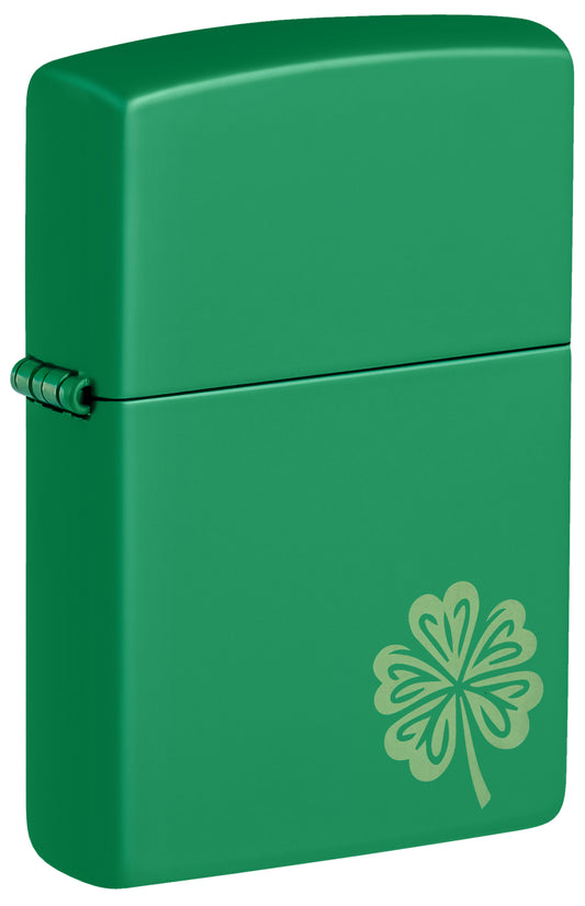 Front shot of Zippo Lucky Clover Design Grass Green Matte Windproof Lighter standing at a 3/4 angle.