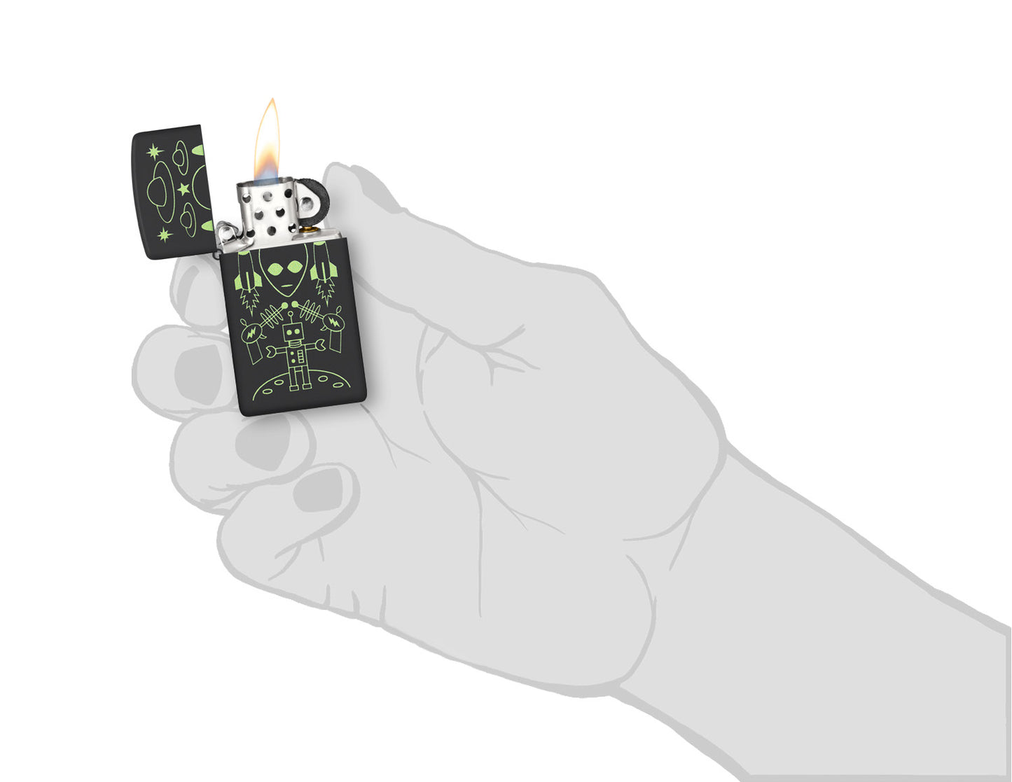 Zippo Alien Invasion Design SlimÂ® Black Matte Windproof Lighter lit in hand.