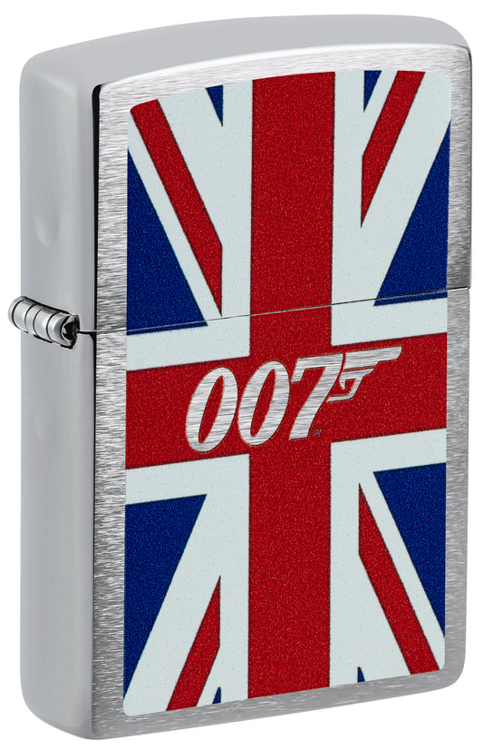 Front shot of Zippo James Bond® Union Jack Brushed Chrome Windproof Lighter standing at a 3/4 angle.