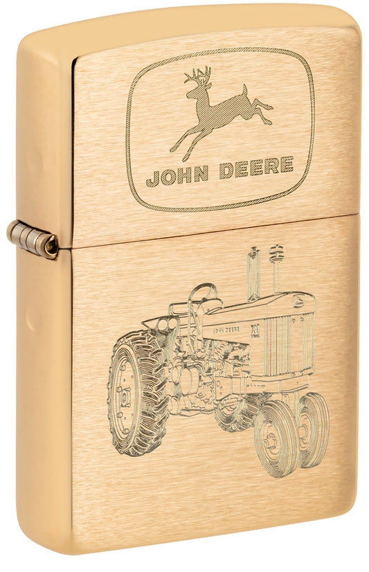 Front shot of Zippo John Deere Tractor Design Brushed Brass Windproof Lighter standing at a 3/4 angle.