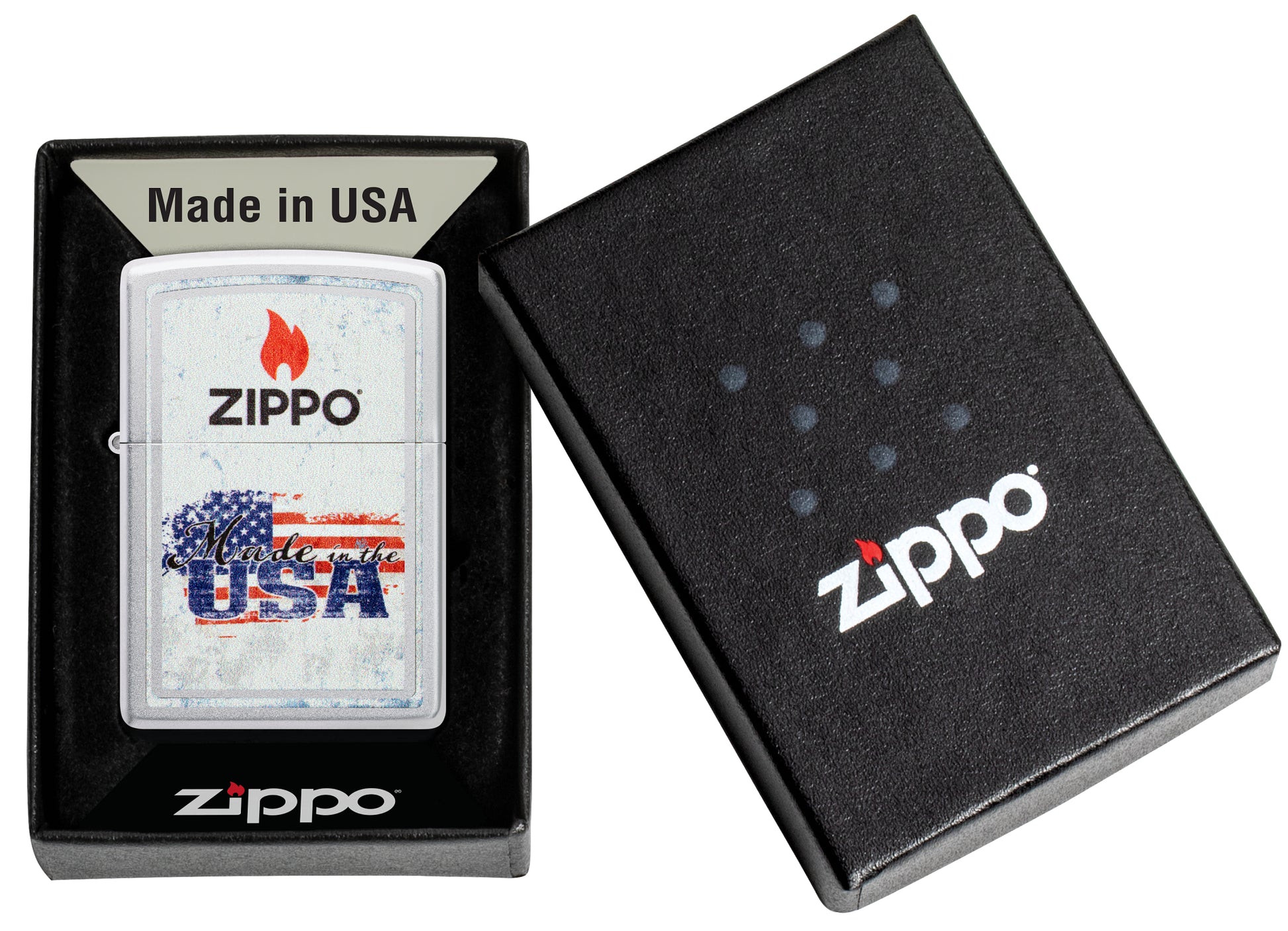 Zippo Made in the USA Design Satin Chrome Windproof Lighter in its packaging.
