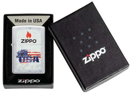Zippo Made in the USA Design Satin Chrome Windproof Lighter in its packaging.