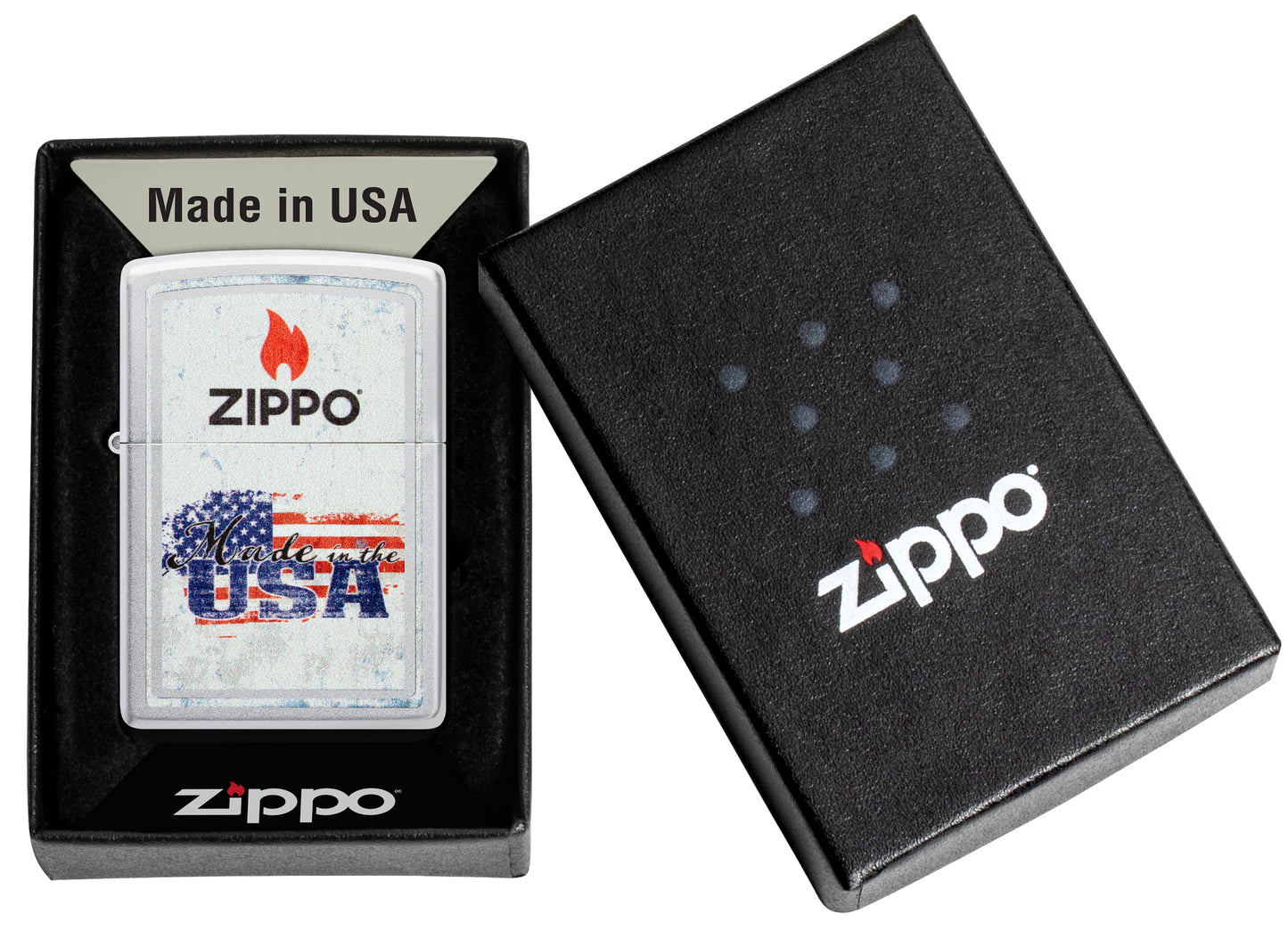 Zippo Made in the USA Design Satin Chrome Windproof Lighter in its packaging.