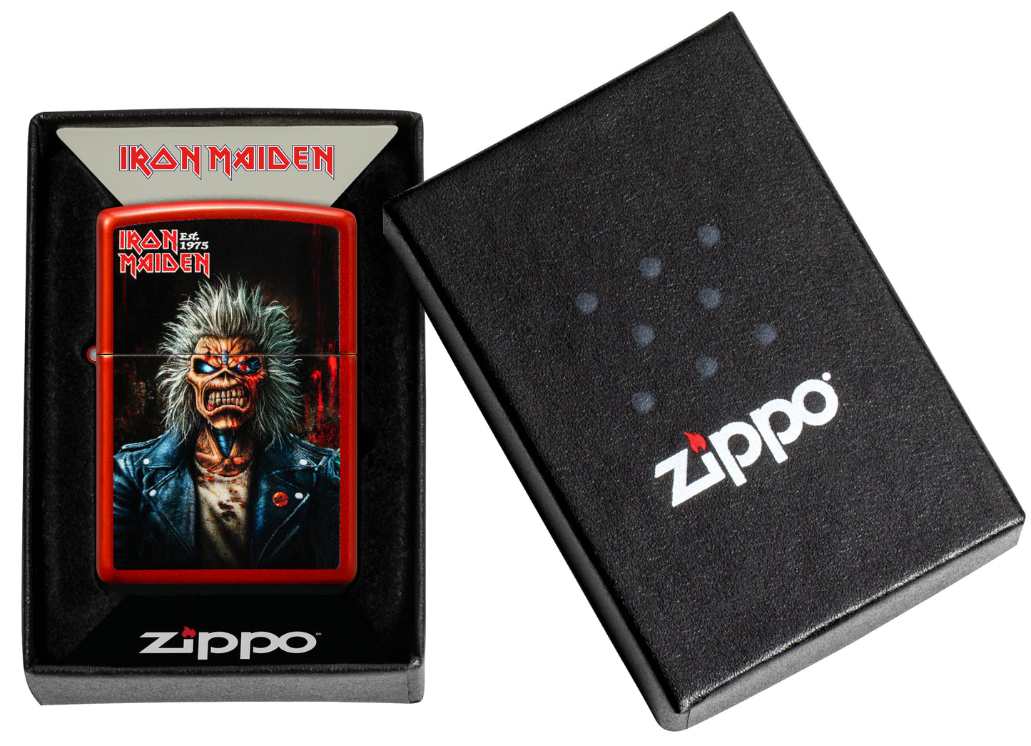 Zippo Iron Maiden 50th Metallic Red Windproof Lighter in its packaging.
