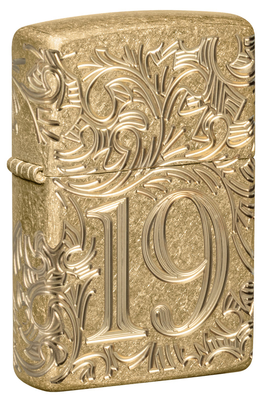 Front shot of Zippo 1932 Filigree Design  Armor® Tumbled Brass Windproof Lighter standing at a 3/4 angle.
