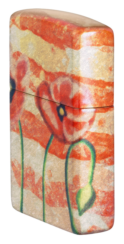 Front View of Zippo American Poppie Design 540 Fusion Windproof Lighter at 3/4 angle