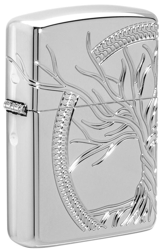 Front shot of ArmorÂ® High Polish Sterling Silver Tree of Life Windproof Lighter standing at a 3/4 angle