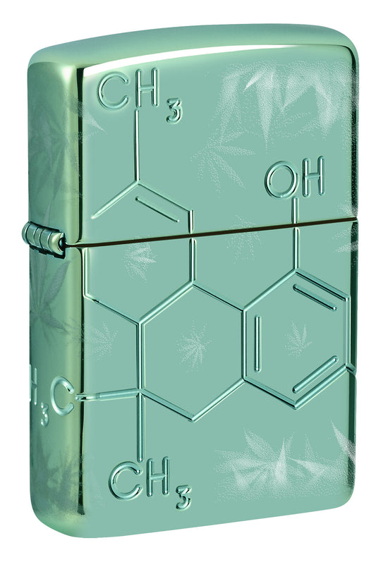 Front shot of Zippo Cannabis Compound Design ArmorÂ® High Polish Green Windproof Lighter standing at a 3/4 angle.