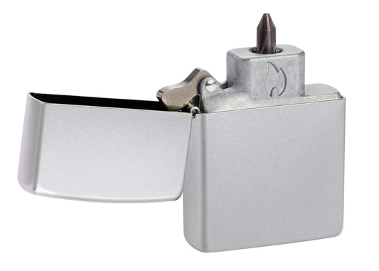 Zippo Bit Safe Screwdriver Satin Chrome Lighter Insert standing at a 3/4 angle with the Phillips head.

