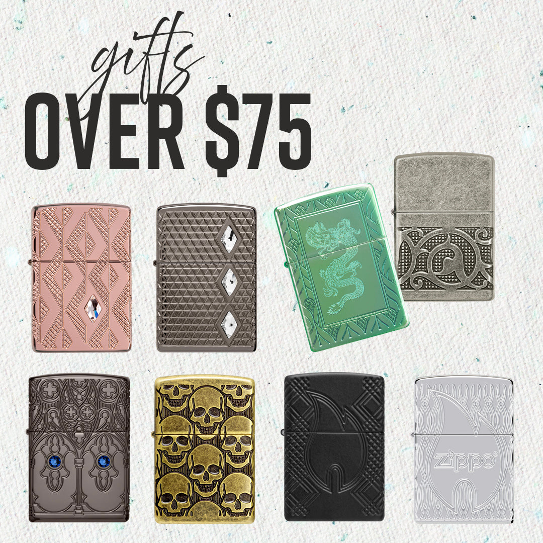 Collection of decorative lighters with text indicating gifts over $75 on a textured white background.