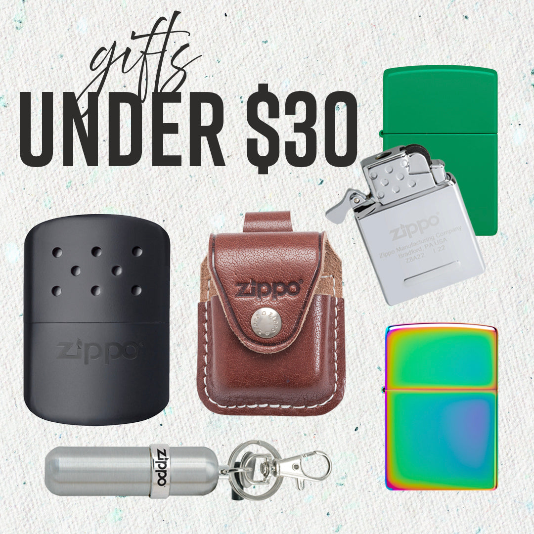 Collection of Zippo products including a hand warmer, lighter, and keychain on a white background with text 'Gifts Under $30'.