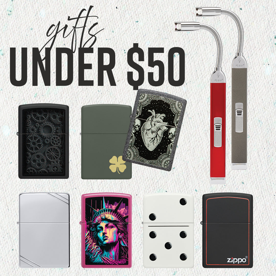 Collection of lighters with various designs on a textured white background, featuring text 'Gifts Under $50'.