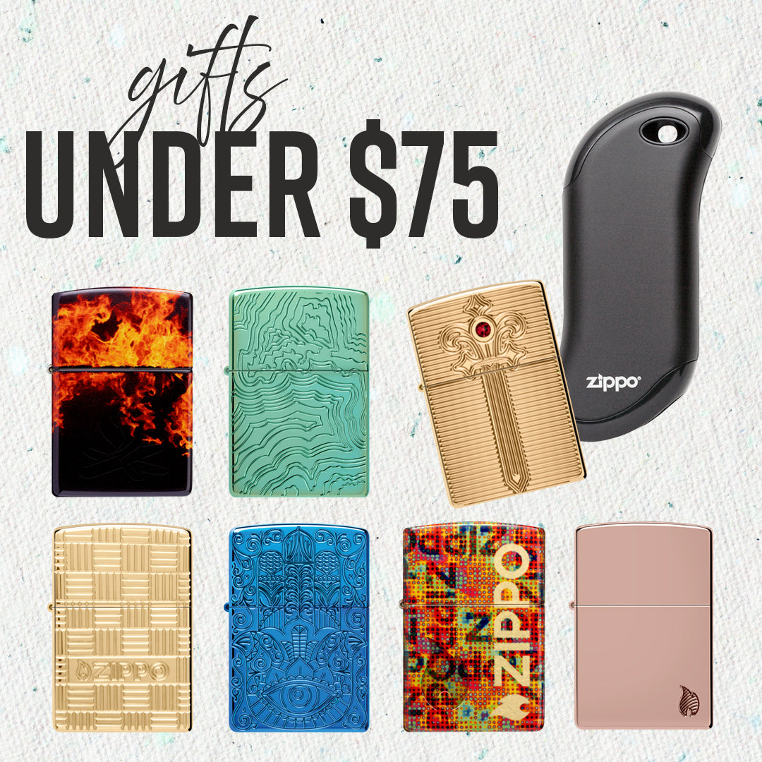 Collection of Zippo lighters with various designs on a white background, featuring text 'Gifts Under $75'.