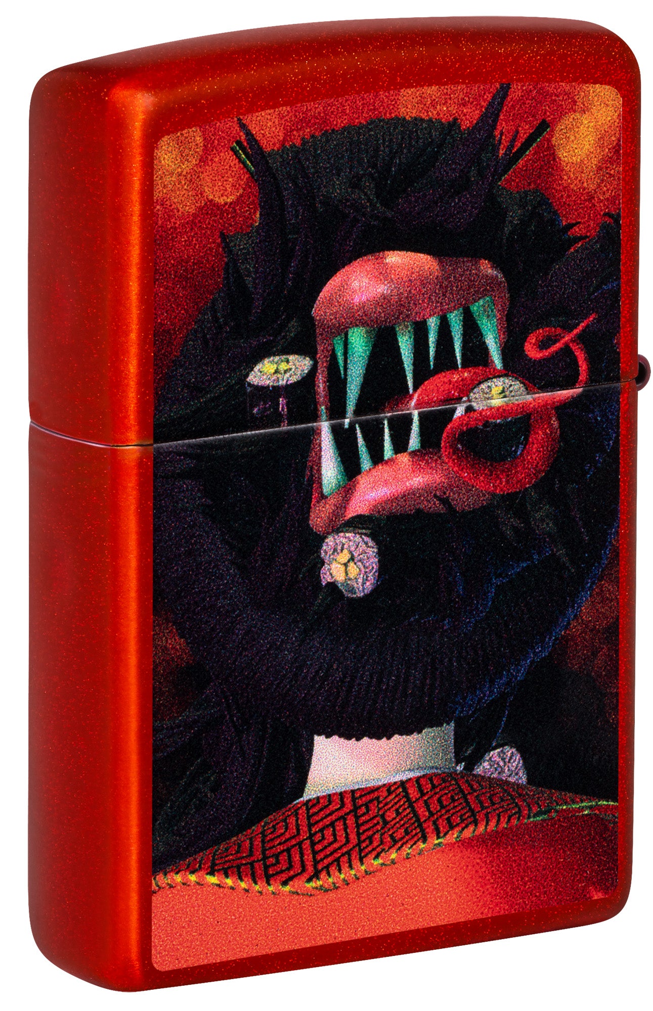 Back view of Zippo Dinner for Two Design Metallic Red Windproof Lighter standing at a 3/4 angle.

