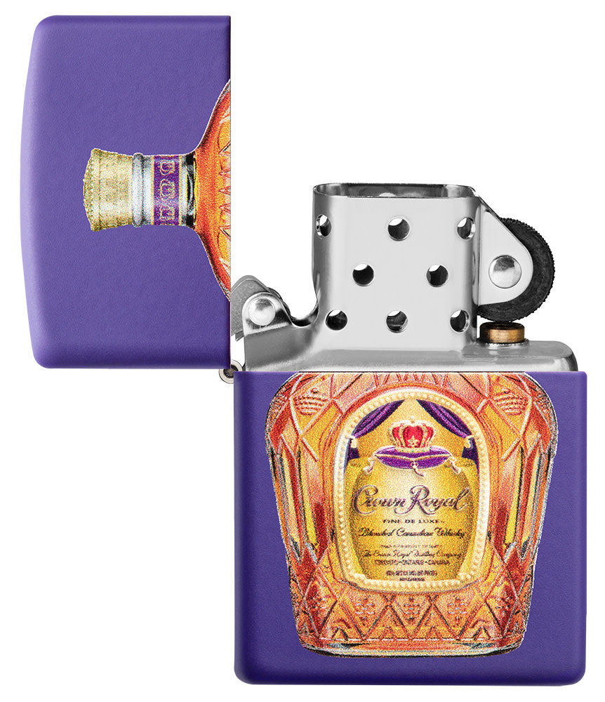 Crown RoyalÂ® Purple Matte Windproof Lighter with its lid open and unlit.