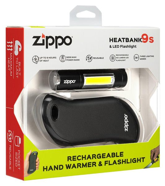 Black HeatBankâ„¢ 9s Rechargeable Hand Warmer & Flashlight in it's packaging, standing at a 3/4 angle.