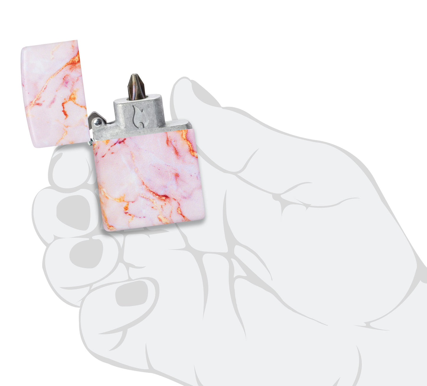 Front View of Zippo Pink Marble Bit Safe Design Windproof Lighter open in hand.