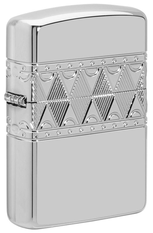 Front shot of ArmorÂ® Sterling Silver Diamond Pattern Design Windproof Lighter standing at a 3/4 angle
