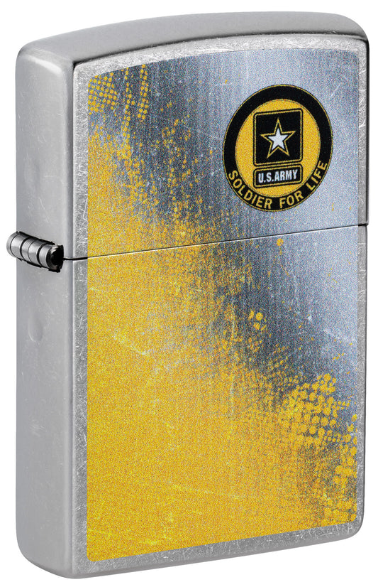 Front shot of Zippo U.S. ArmyÂ® Soldier for Life Street Chrome Windproof Lighter standing at a 3/4 angle.