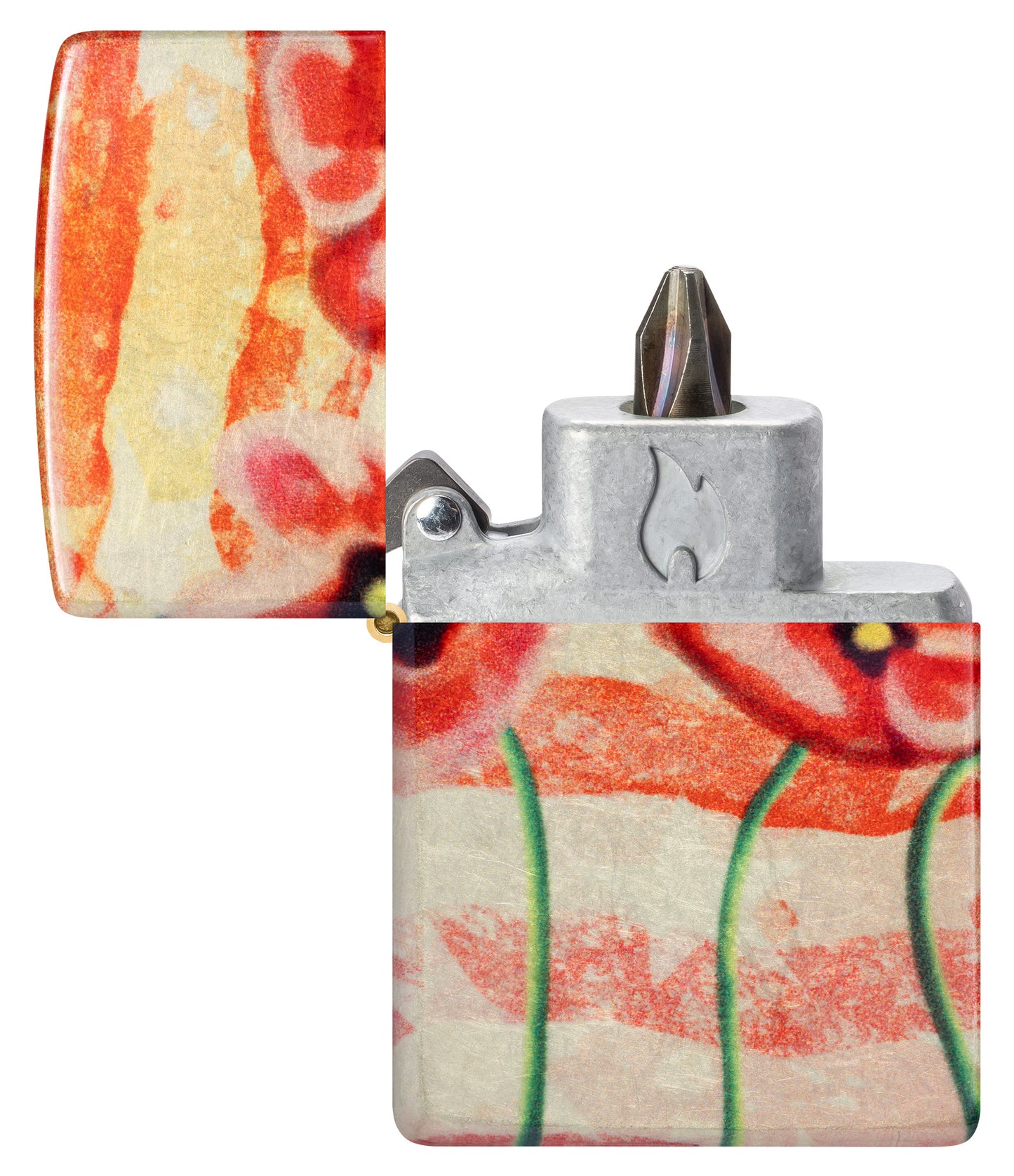 Zippo American Poppie Design 540 Fusion Windproof Lighter with its lid open with bit safe insert.