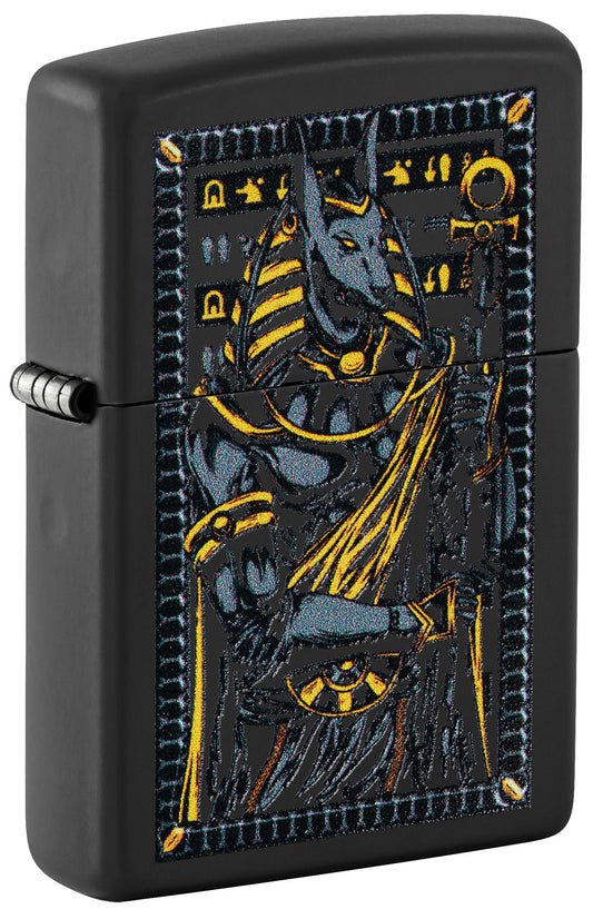 Front shot of Zippo Anubis Design Black Matte Windproof Lighter standing at a 3/4 angle.