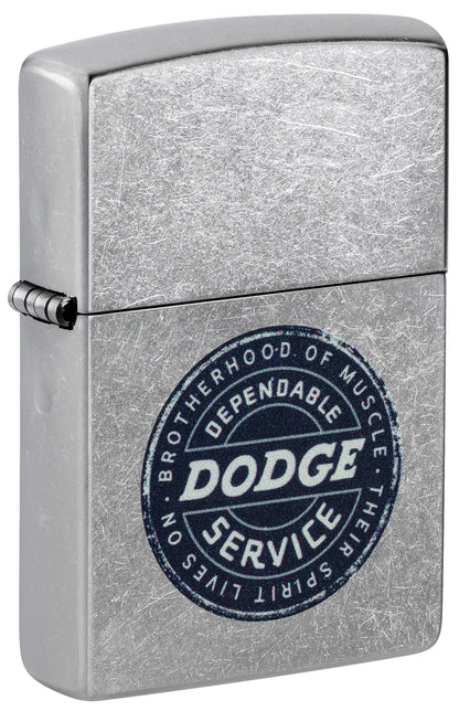 Front shot of Zippo Dodge Service Sign Street Chrome Windproof Lighter standing at a 3/4 angle.