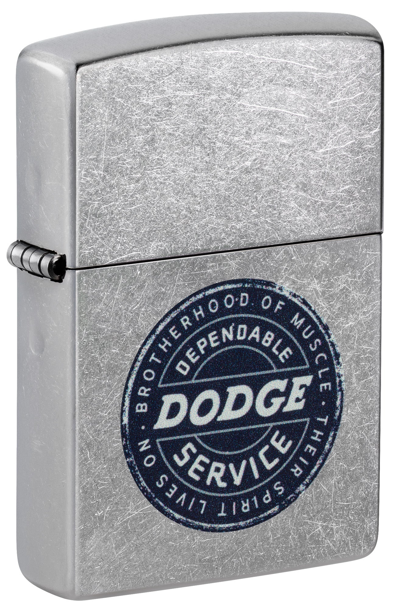 Front shot of Zippo Dodge Service Sign Street Chrome Windproof Lighter standing at a 3/4 angle.