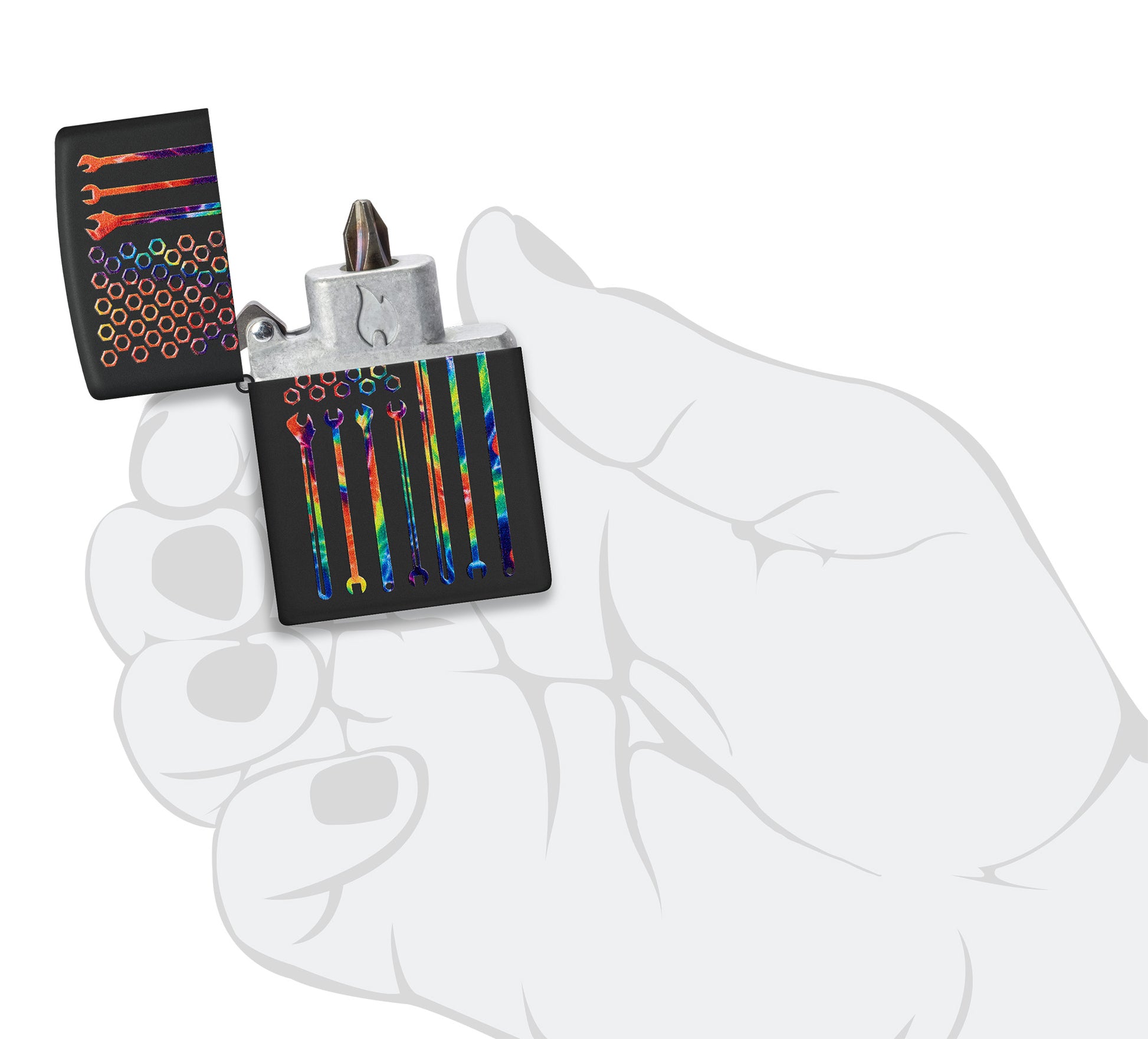 Zippo Tie-Dye Tools Bit Safe Design Windproof Lighter open in hand. 